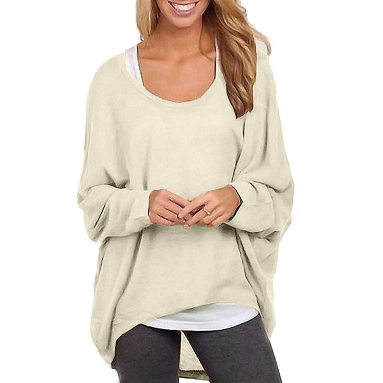 

Women Top Casual Shirt Oversized Loose Off Shoulder Long Sleeve T-Shirt L бежевый