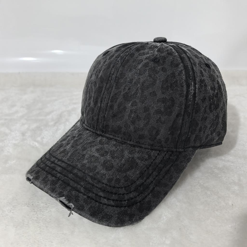 Vintage Washed Leopard Print Baseball Cap For Women Distressed Denim Sun Hat Adjustable Casual Streetwear Cap
