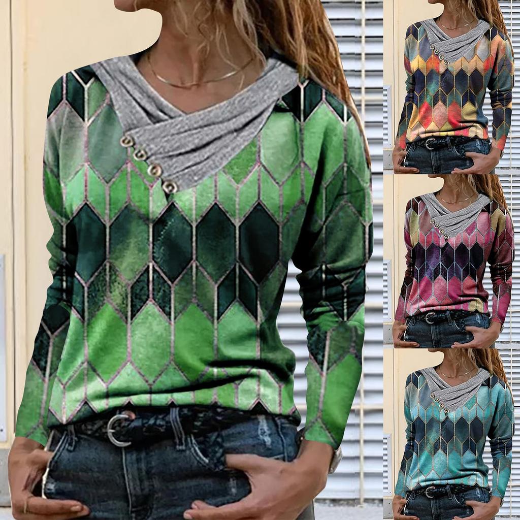 Women Tie-dye Printed Embroidery Collar Long Sleeve Pullover Blouse Tops