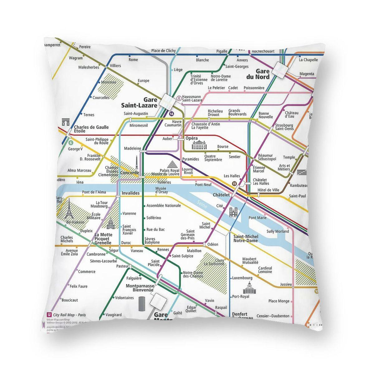 Paris City Rail Map Square Pillowcase Polyester Linen Velvet Printed Zip Decorative Throw Pillow Case Bed Cushion Cover 30x30cm 12x12in