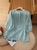 Women's Crew Neck 3/4 Sleeve Cotton Linen Blouse Loose Vintage Floral Embroidery Half Button Casual Shirt