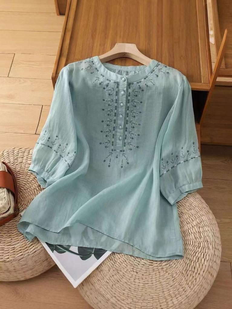 Women's Crew Neck 3/4 Sleeve Cotton Linen Blouse Loose Vintage Floral Embroidery Half Button Casual Shirt