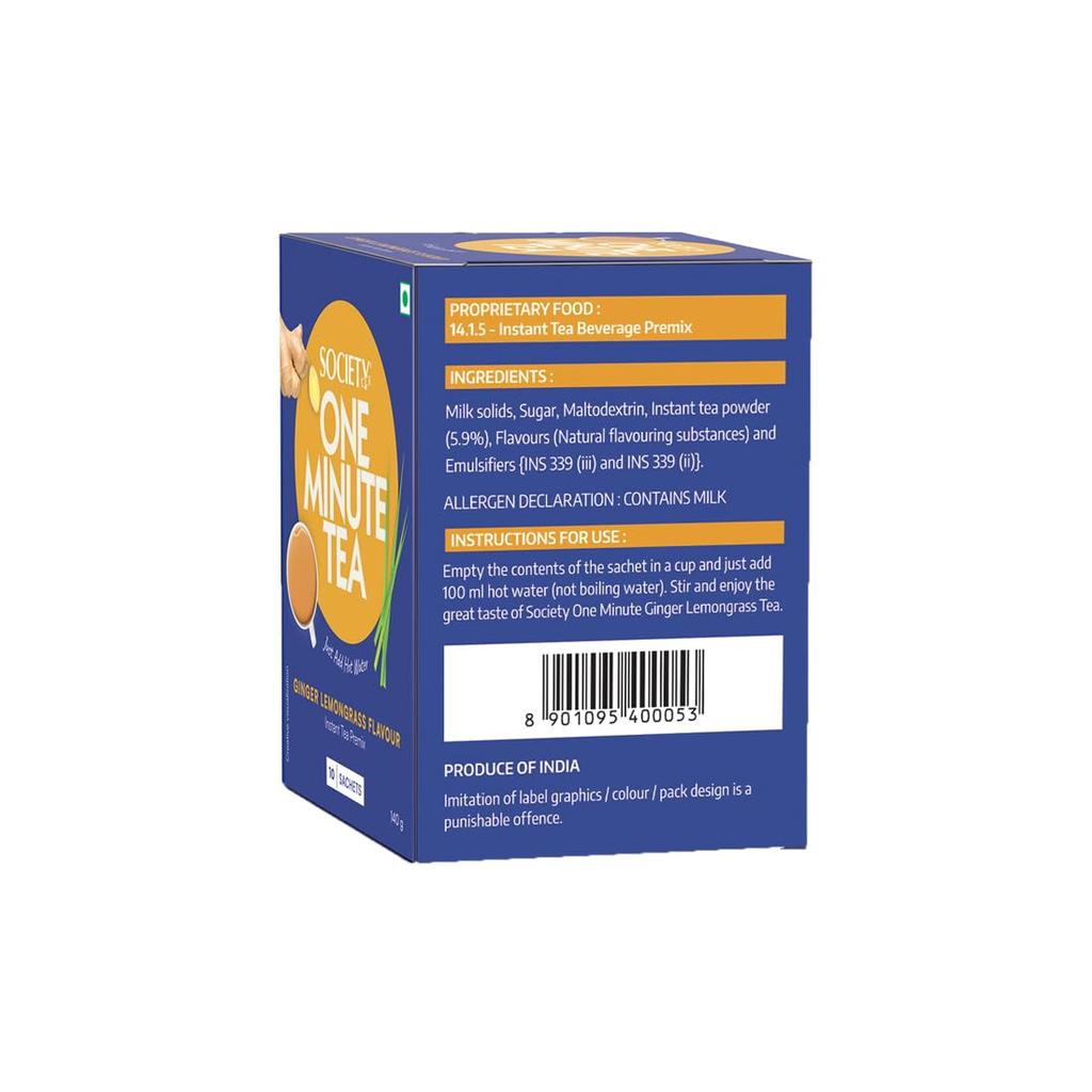 Society One Minute Tea Ginger Lemongrass Flavoured Instant Tea 14g X 10 Sachets Pack of 1