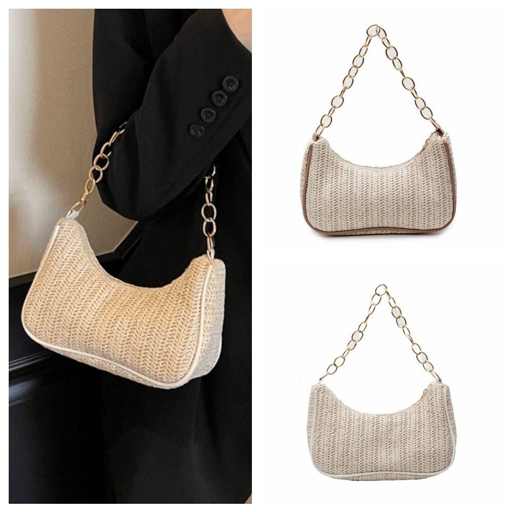 Square Weave Underarm Bag Zipper Clutch Bag Portable Beach Handbag Outdoor