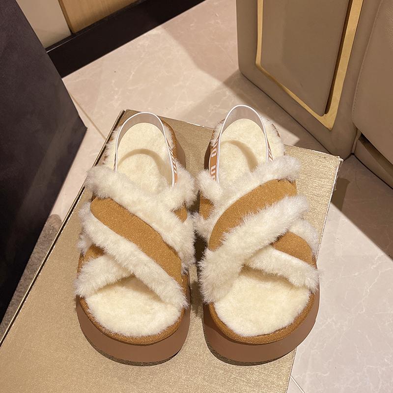 Fashion Winter New Platform Slippers Women's Fashion Suede Plus Hair Open-toe Anti-slip Wear-resistant Flat Shoes