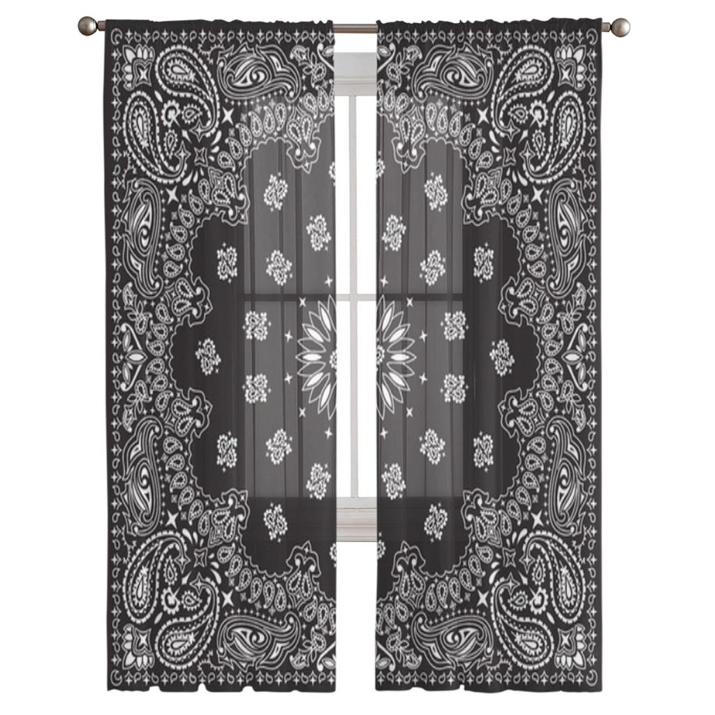 Czarne Zasłony Przezroczyste z Wzorem Bandana do Salonu Sypialni Zasłony Tiulowe Zasłony na Okno Kuchenne Panel