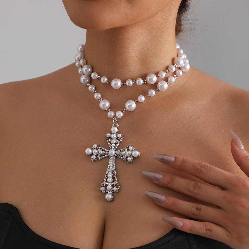 Dark Less Inlaid Pearl Necklace Ins Spice Girl Exaggerated Wind Cross Necklace