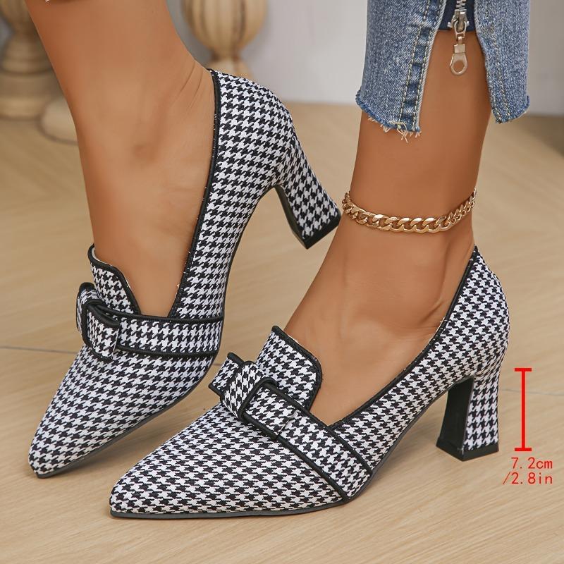 Chic Womens Houndstooth Pumps with Bow Accent - Comfortable Pointed Toe Block Heels for All-Occasion Stylish Work Wear