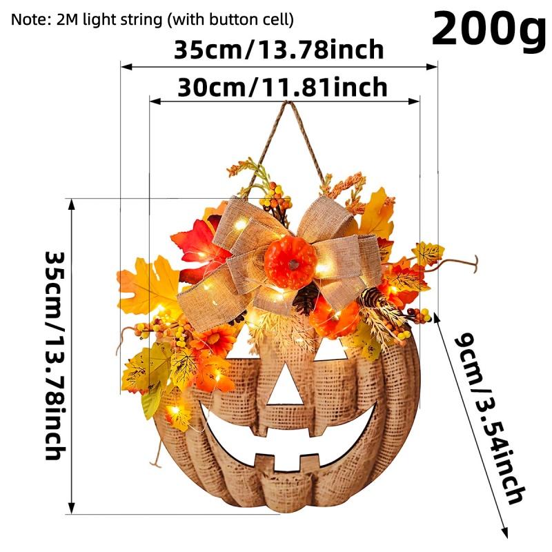 Halloween Wooden Pumpkin Decorations Front Door Wall Hanging Wreath Sign with Artificial Flowers Rustic Fall Farmhouse Ornament