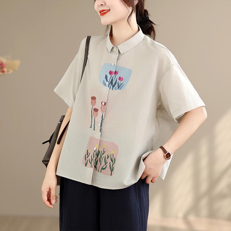 DIMANAF 2026 Women Plus Size New Summer Blouse Shirt Short Sleeve Casual Loose Print Lady Tops Shirts Cotton