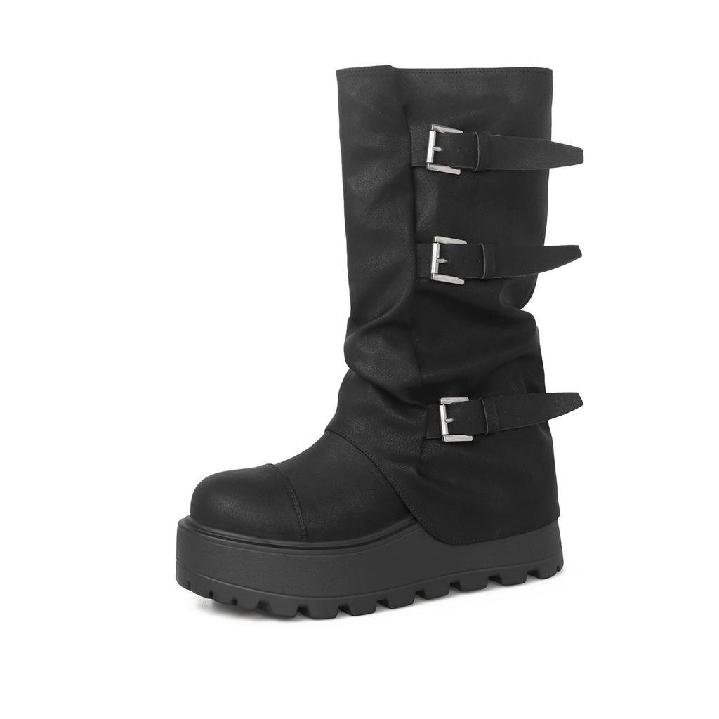 Small man height increase thick-soled medium boots autumn and winter western cowboy pile wasteland wind knight boots pant tube women's boots