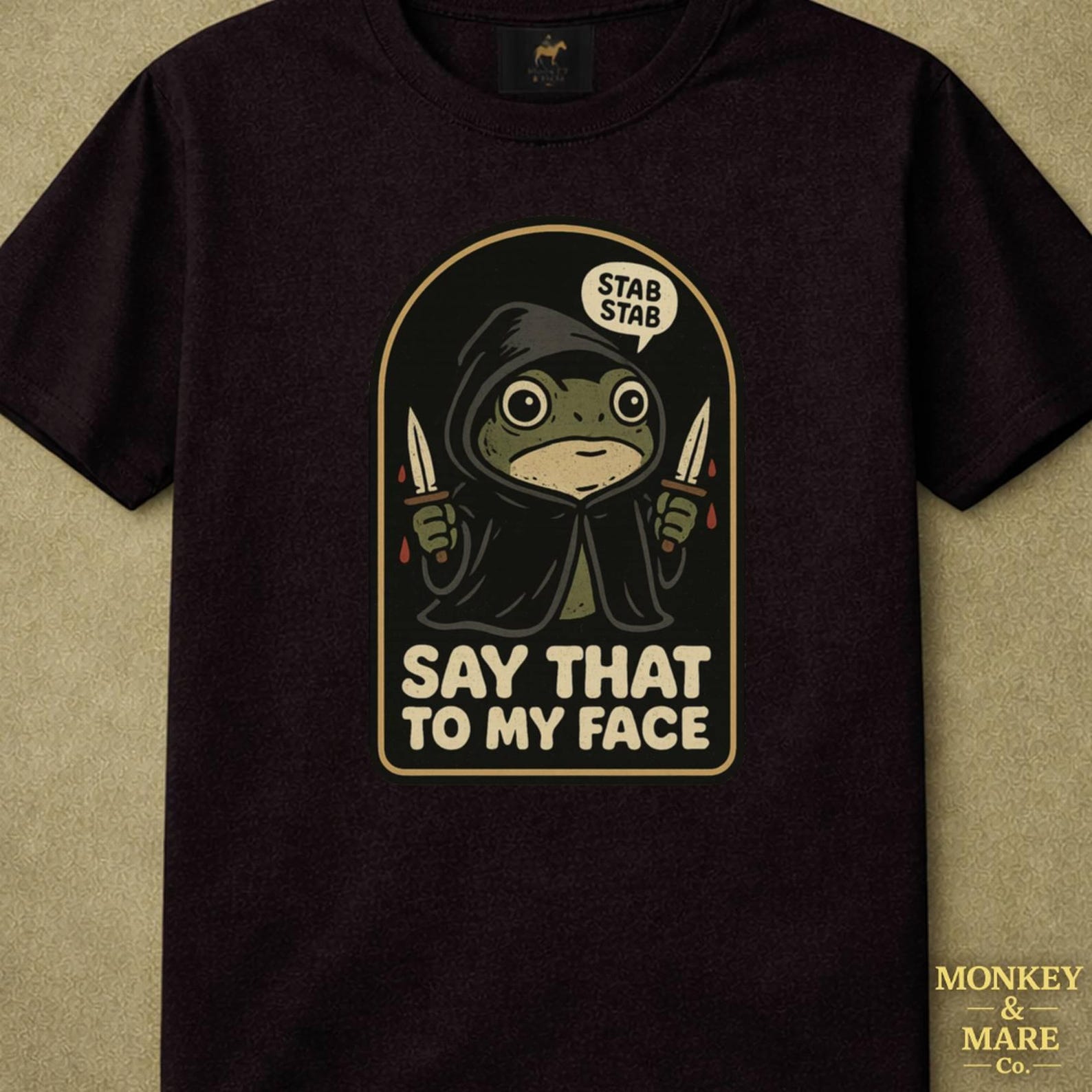 Hooded Frog Shirt, Say That To My Face, Dark Humor Cute Meme, Edgy Animal Humor Vintage, Stab Stab Graphic Tee S