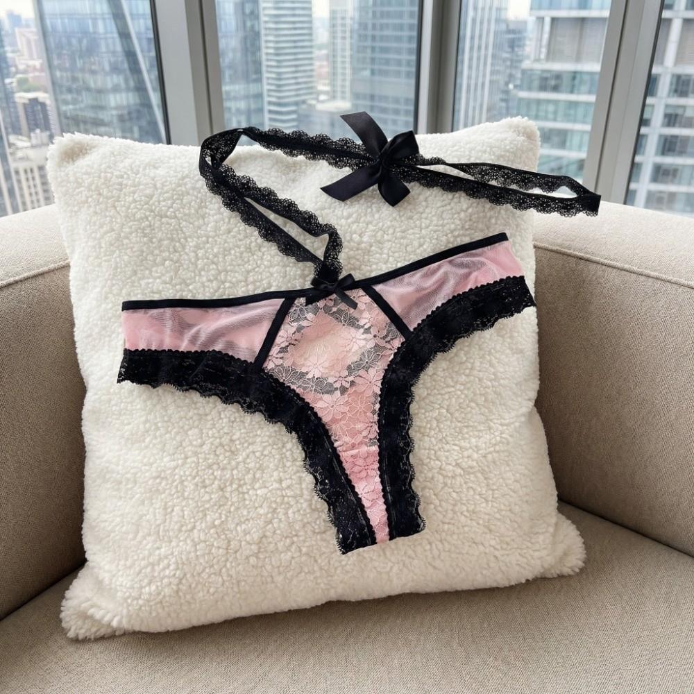 Bow Hanging Neck Chain Mesh Floral Bowknot Panties Underwear for Women  Valentine's Day Gift