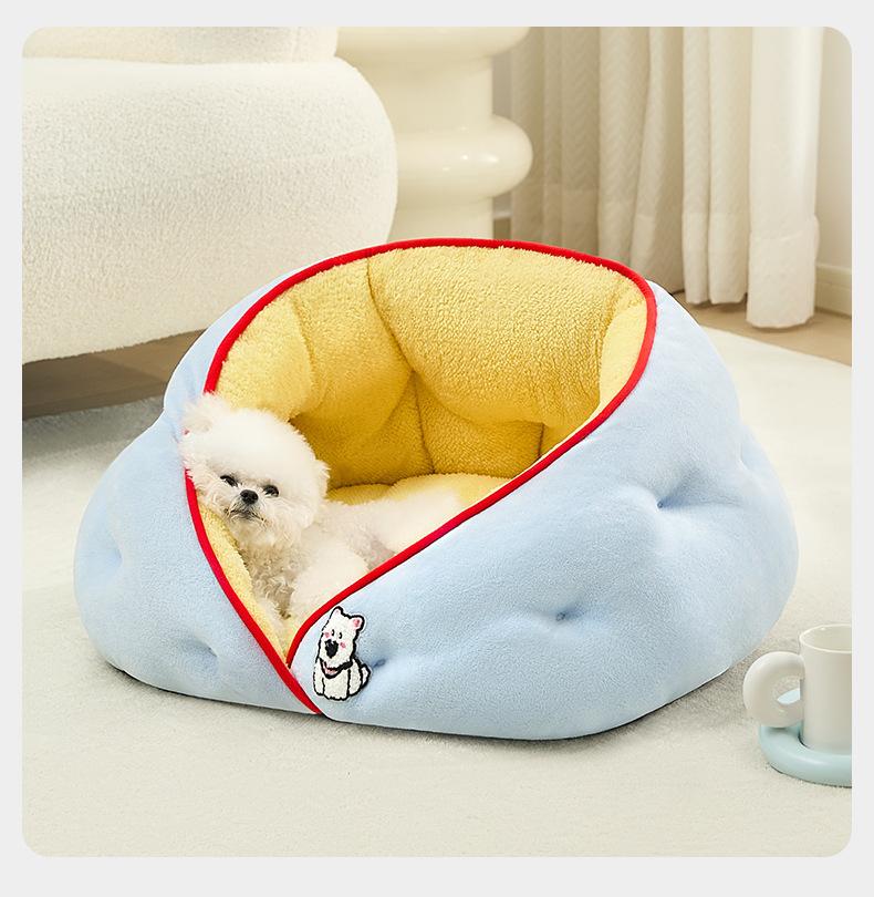 

Plush Cat Bed Hooded Semi Enclosed Shell Shaped Pet Nest Cozy Warming Anti-Slip Small Dog Bed for Puppy and Kitten 45cm-48cm синий