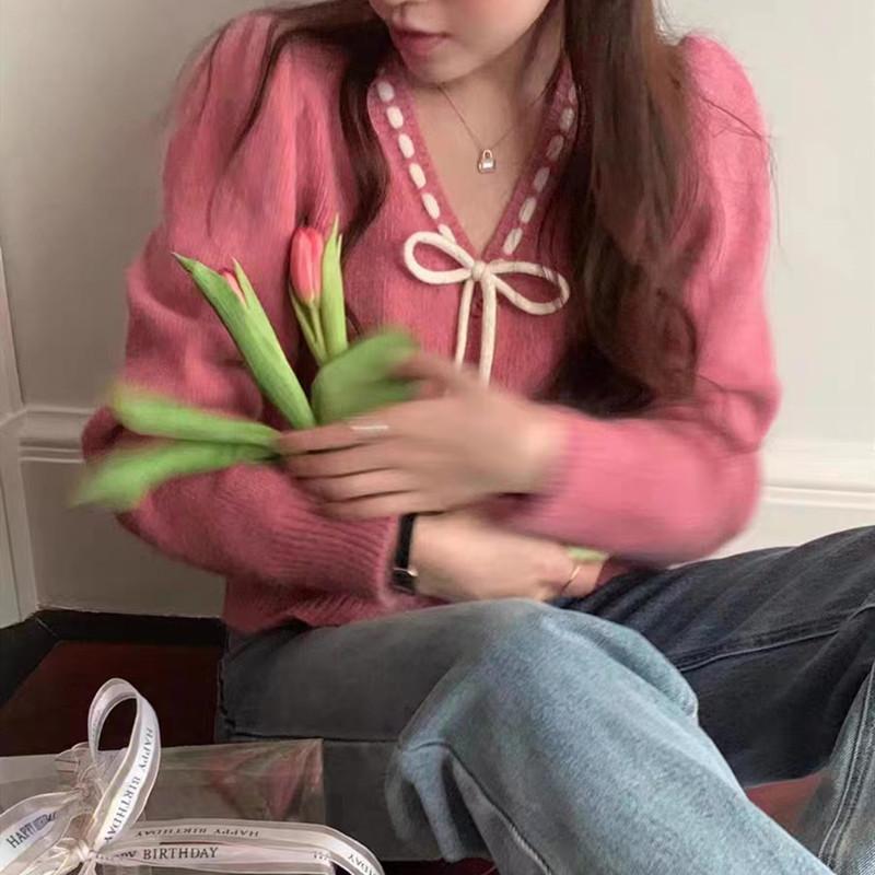 Spring and autumn bow tie V-neck long-sleeved knitted sweater, gentle white women's loose all-match top 6738#