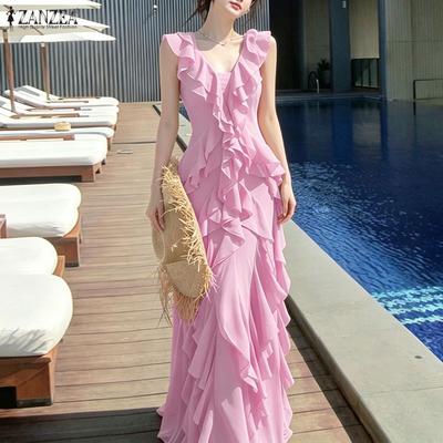 Women Casual V-Neck Sleeveless Ruffles Long Dress Holiday