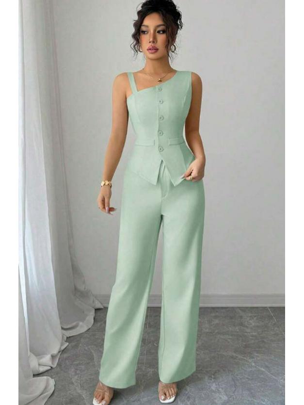 

One-Shoulder Camisole Vest & Straight-Leg Pants Set for Women Extra Large світло-зелений колір