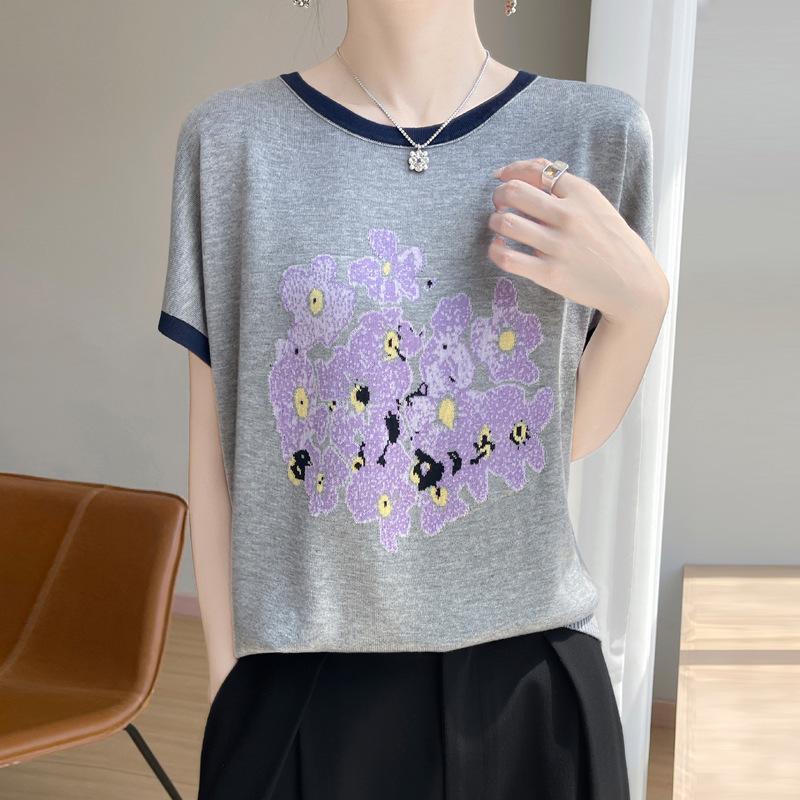 

Женская футболка с принтом и цветными блоками, летний новый трикотажный свитер с круглым вырезом, с короткими рукавами и тонкий XL серый