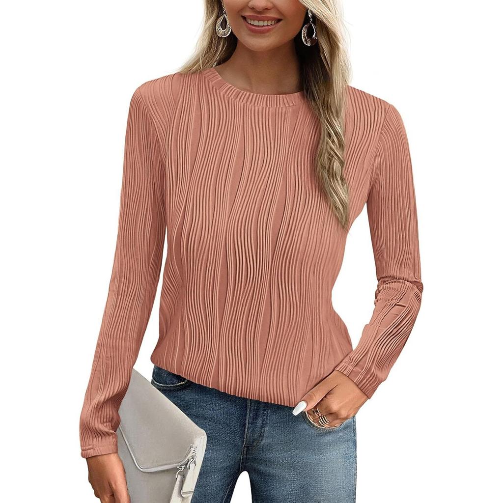 Women's Fashion Round Neck Long Sleeve T-Shirt Solid Color Textured Bottom Top