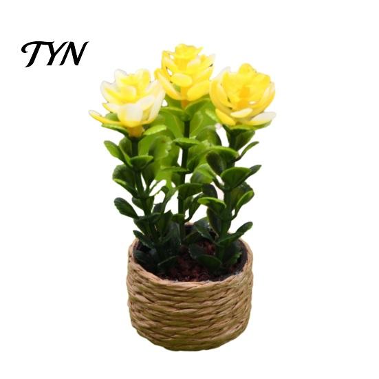 Decorative Plastic Plants Mini Artificial with Vase, Small Fake In Handwoven Seagrass Flowers Baskets, Realistic Faux Floral Arrangement for
