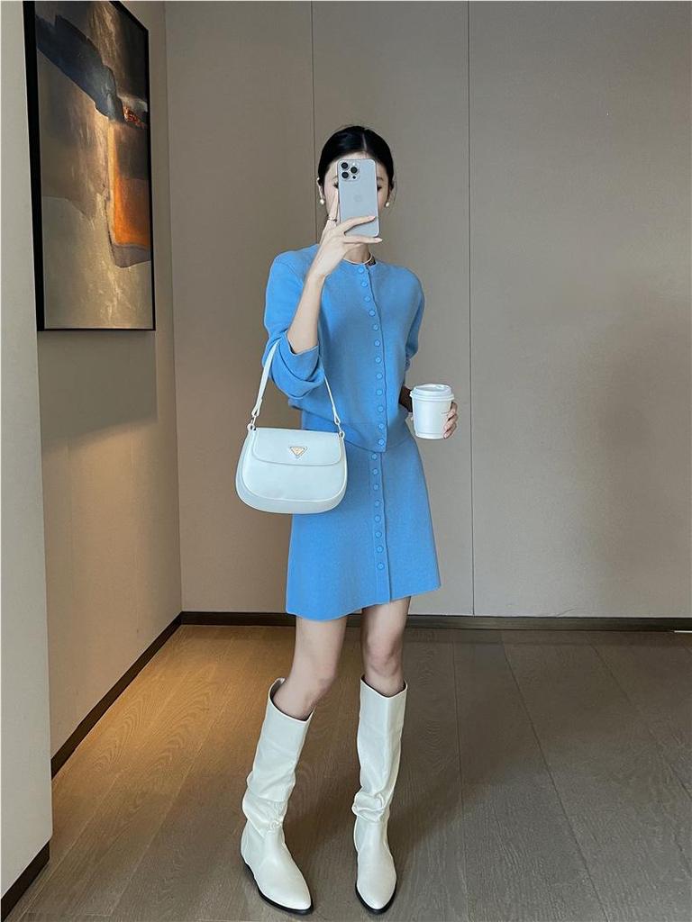 PINKEEN Blue Button-Up Knit Cardigan & Skirt Set for Women - Spring 2026, Whitened, Age-Reducing Style