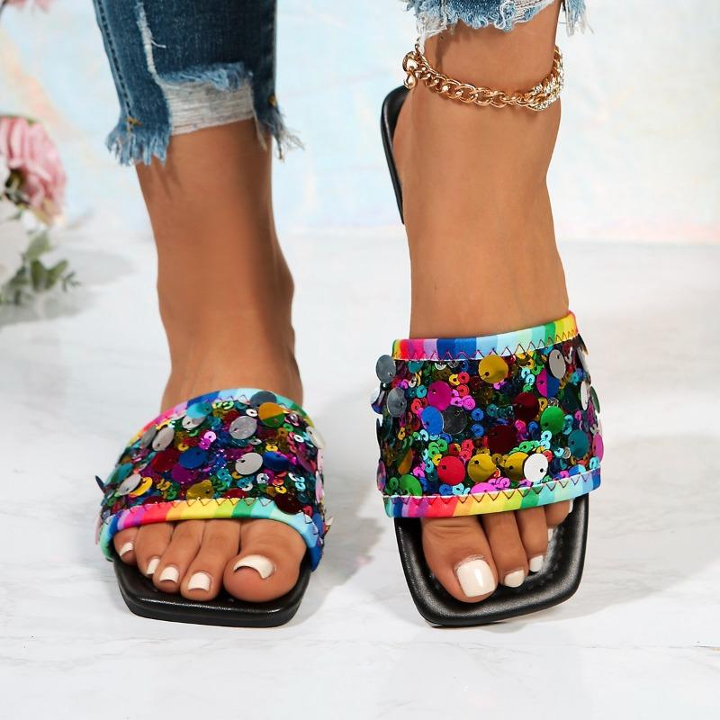Flat-bottomed sequined cool slippers women's summer new square head wear large size 44 one-word slippers