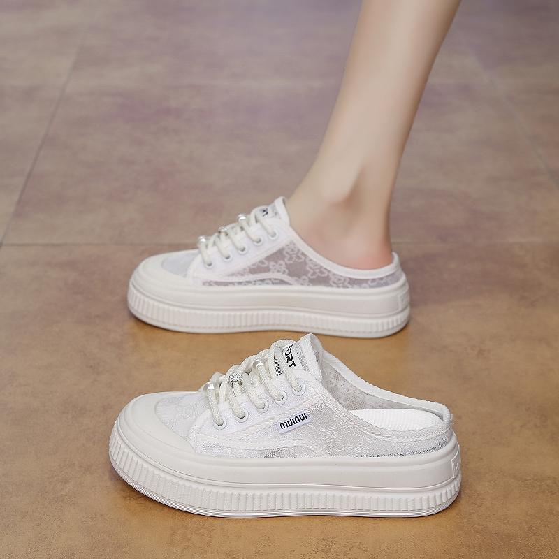 Fashion CRLAYDK Summer Women's Lace Comfortable Slip On Mules Mesh Skate Slippers Ladies Backless Slide Loafers Casual Platform Shoes
