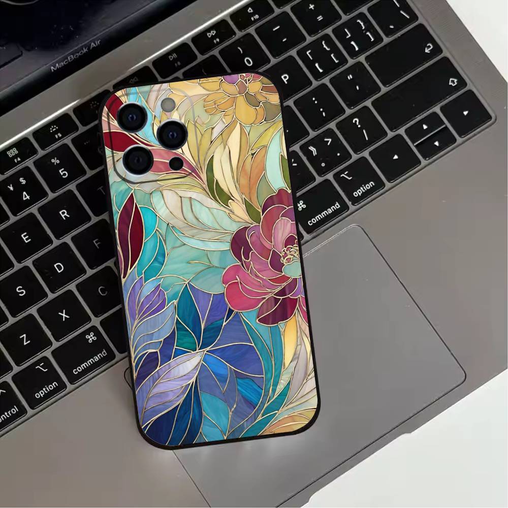 Colorful Stained glassGlass  Phone Case For iPhone 17,16,15,14,13,12,11 Plus,Pro Max,XS,Soft Silicone Black Cover