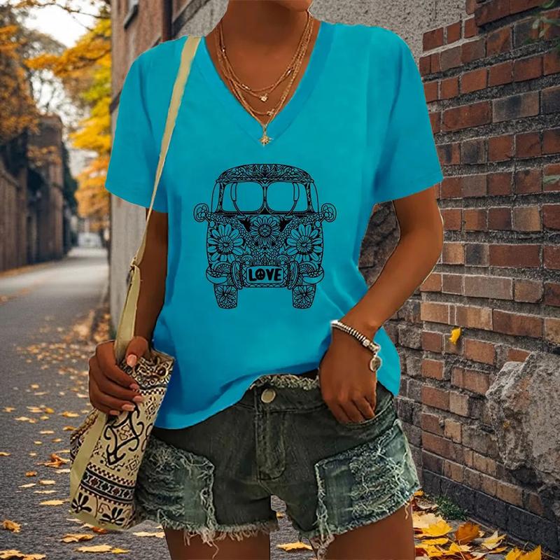 

Ретро-автомобильная живопись Блузки с коротким рукавом V-образным вырезом Футболки Повседневные 8XL синий