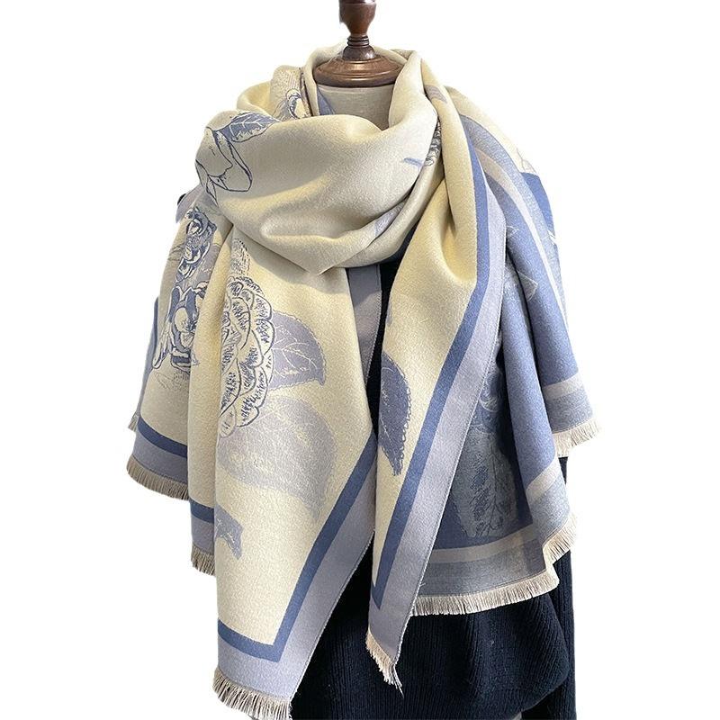 Autumn and Winter Scarf Women's New Shawl Outer Layer High End Peony Flower Scarf Office Blanket Imitation Cashmere Thickened Warm