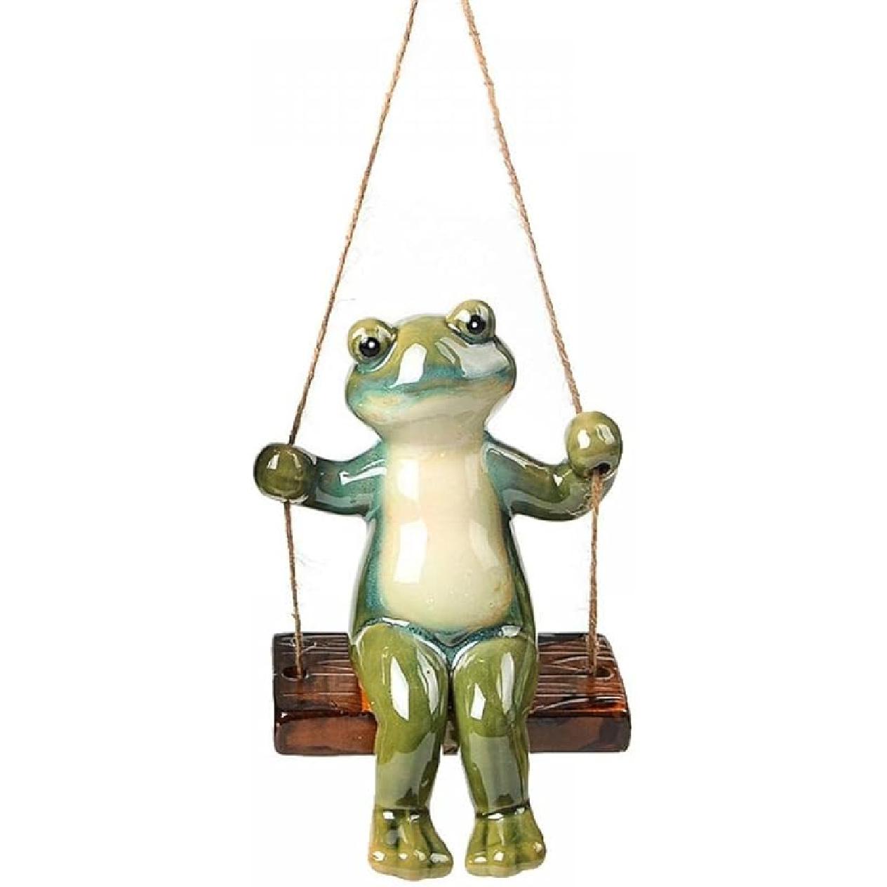 123Arts Керамическое Забавное Украшение Лягушка, Садовый Подвес, Лягушка на Качелях, Набор из 2 шт. A