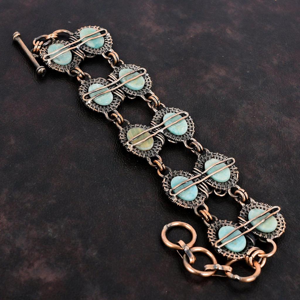 Amazonite Bracelet Copper Wire Wrapped Gemstone Jewelry Adjustable Chain Bracelet Copper Bracelet Handmade Wire Wrap Bracelet Gifts For Wife