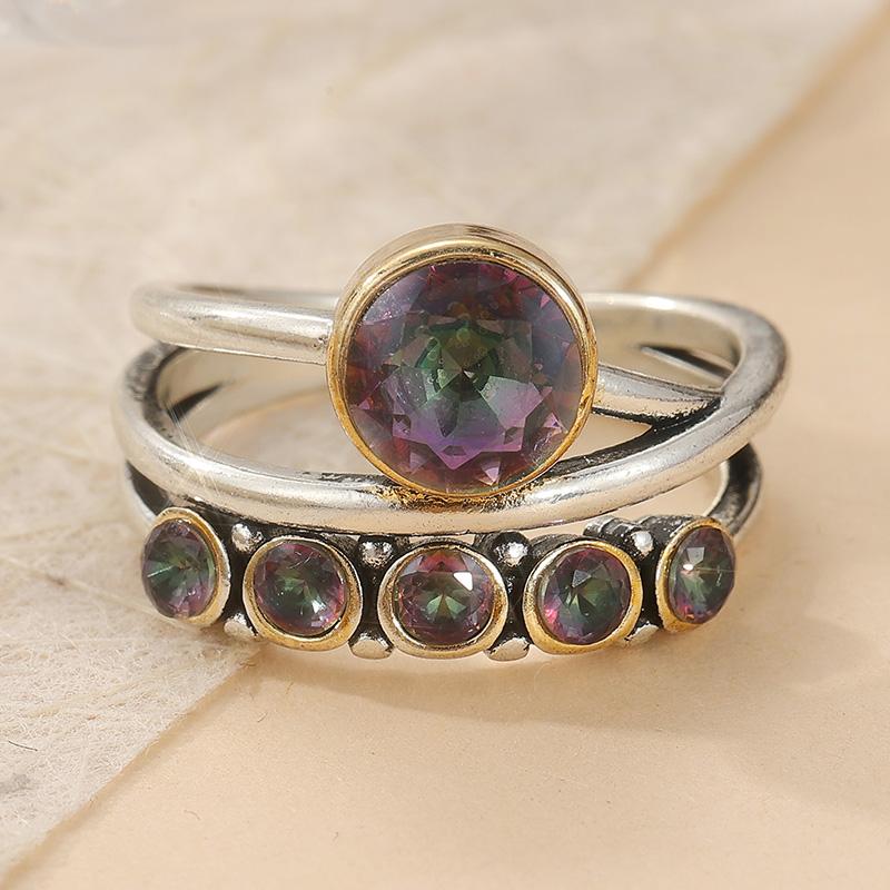 Vintage CopperColor Inlaid Multicolored CZ Surround Women's Ring Geometry Daily Wear Party Jewelry