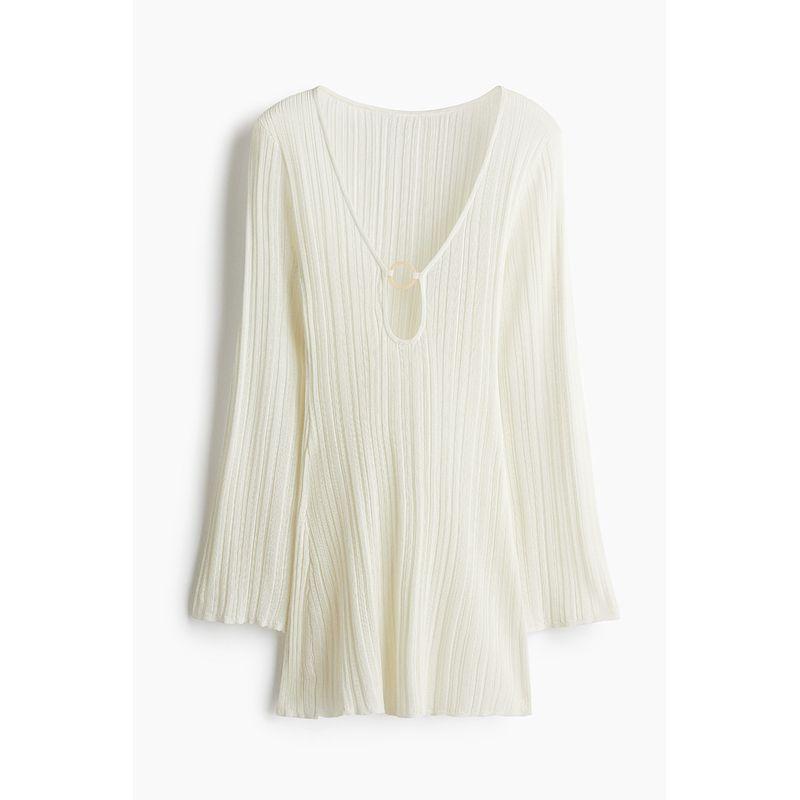 

HM Women s Clothing Dress 2025 Fall New V-neck Rib Knitting Beach Vacation Style Long Sleeve Skirt 1272279 White 165/96