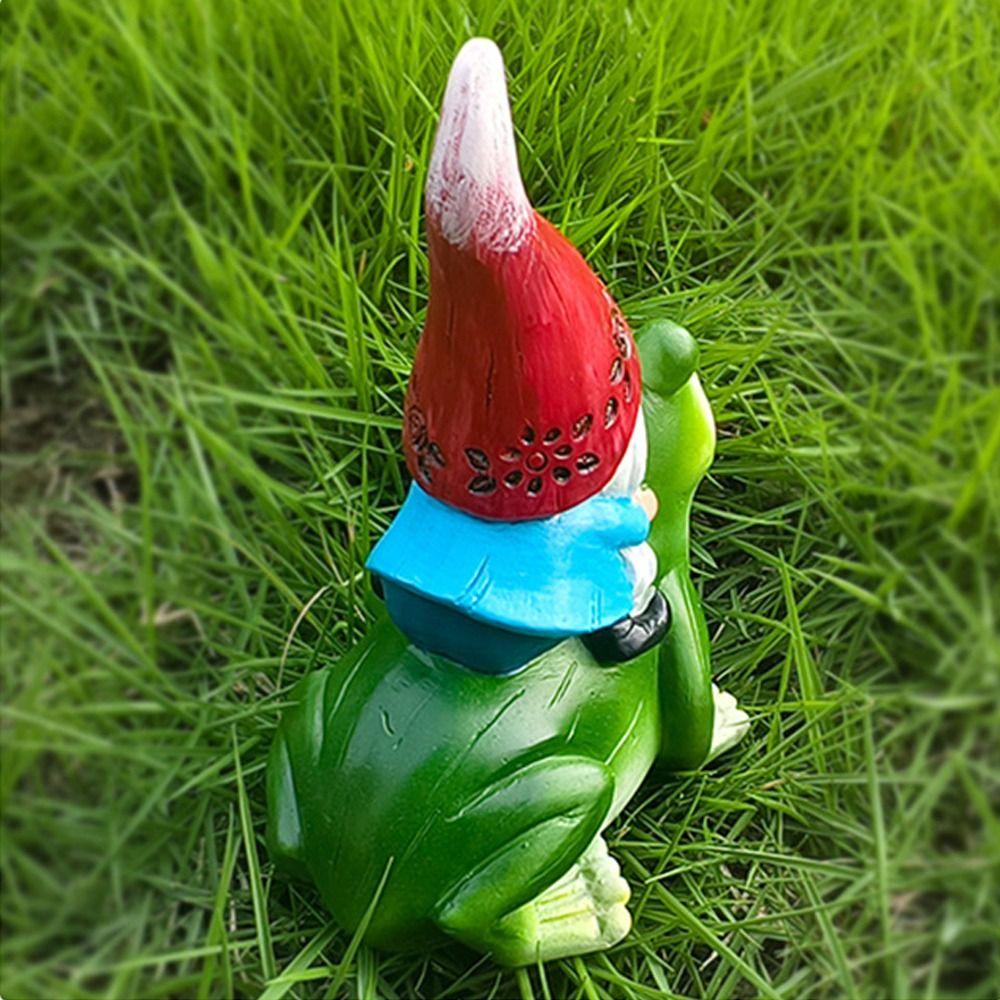 Cartoon Gnome Riding Frog Statue Resin Crafts Dwarf Sculpture Durable Garden Gnomes Figurine Home