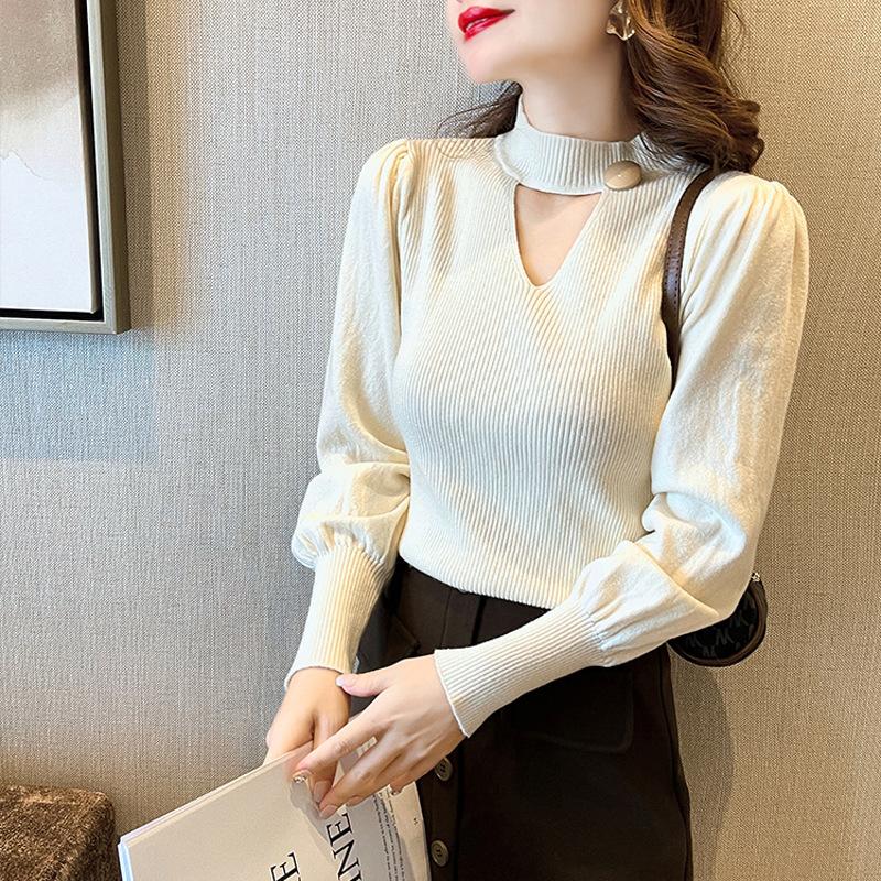 

Однотонный свитер базовый вязаный с полувысоким вырезом и ажурным узором для женщин, осенний сексуальный свитер-пуловер для женщин XL белый