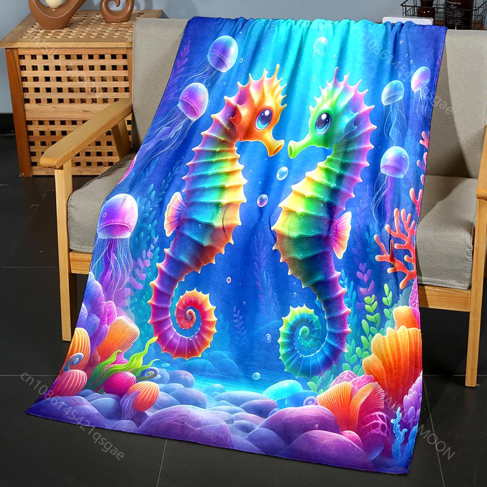 Multi size Colorful Seahorses and Jellyfish Pattern Blanket Flannel Material Soft Warm for All Seasons Home Camping Picnics RV