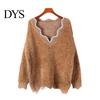 Stylish V-hem Sweater Women's Long Sleeve Loose Fit V-Neck Knitted Women Fashion Knitwear Lady Casual Jumper Pullover Top for Autumn Winter