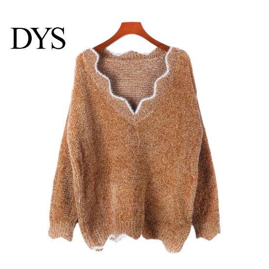 Stylish V-hem Sweater Women's Long Sleeve Loose Fit V-Neck Knitted Women Fashion Knitwear Lady Casual Jumper Pullover Top for Autumn Winter