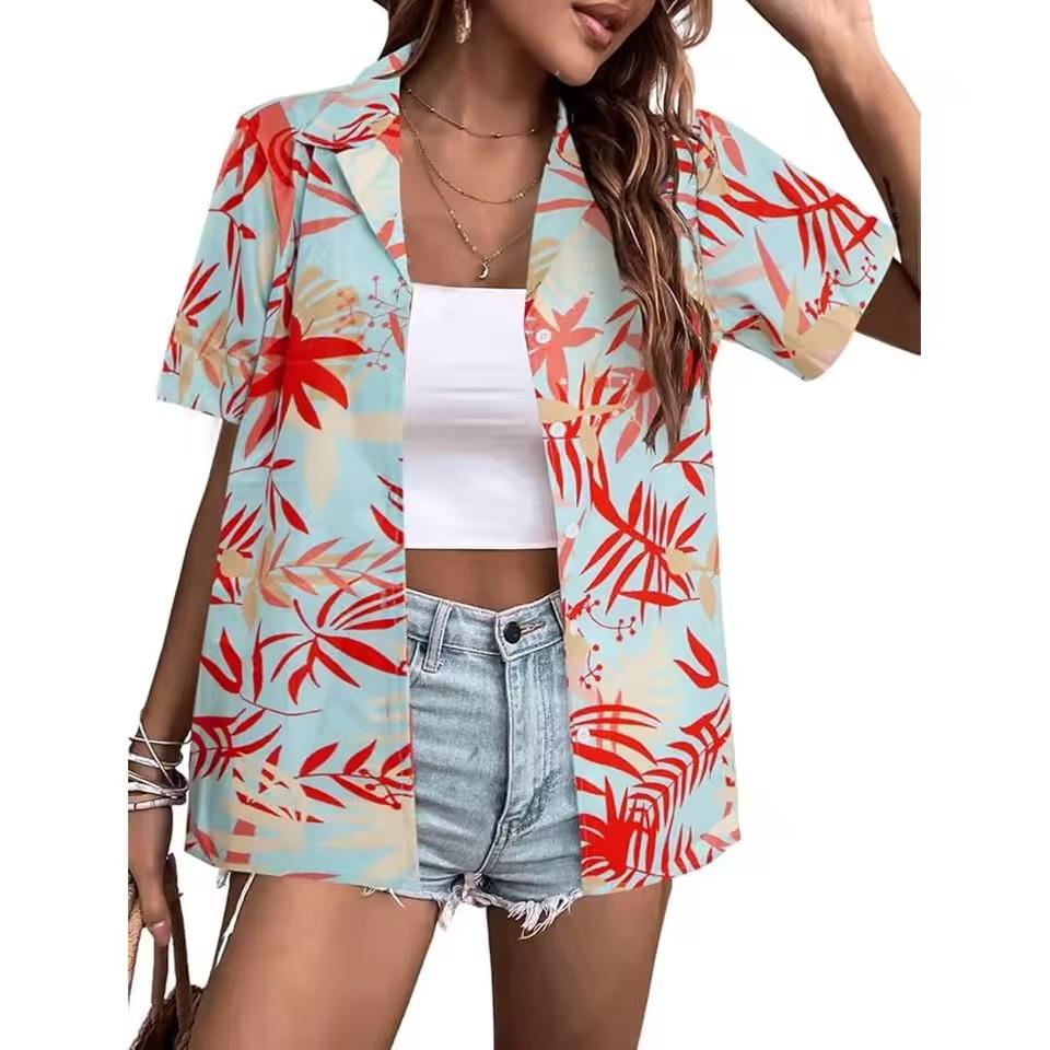 Print Graffiti Cardigan Women Short Sleeve Tops Loose V-Neck Summer Streetwear Shirts Female Single Breasted Casual Blouses 2024