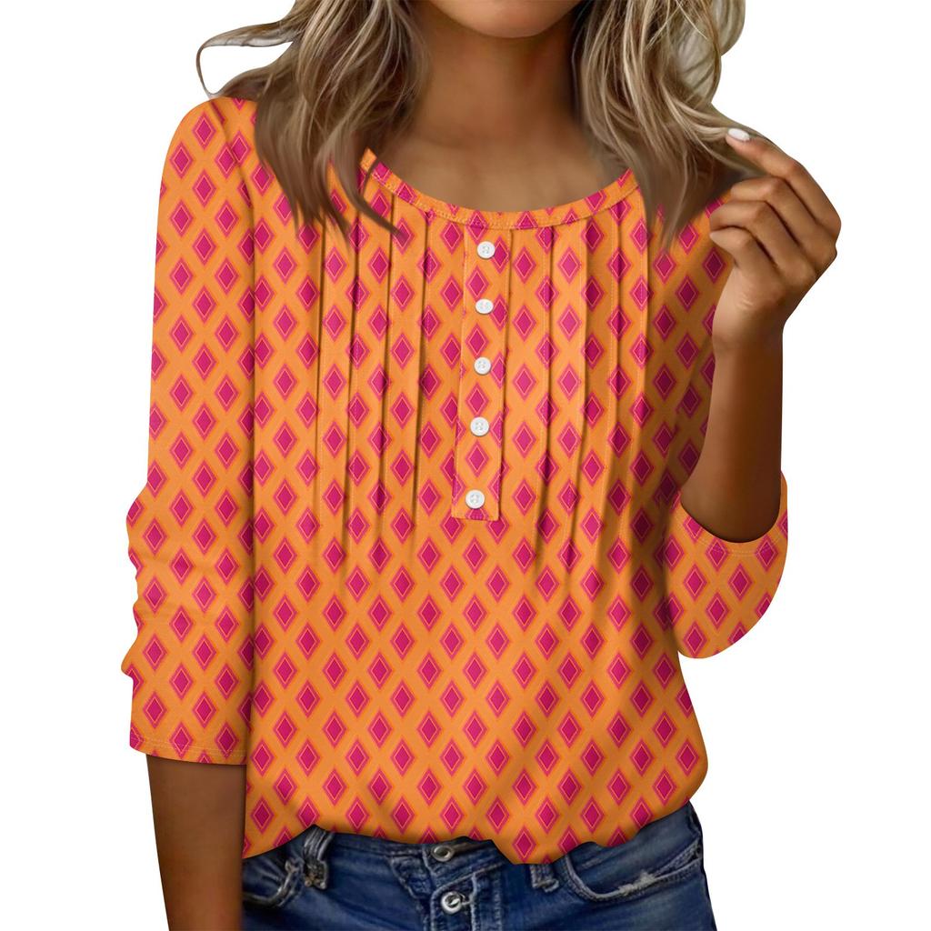 Women's Round Neck Pull Stripe Decorative Button Top Casual Solid Color 3/4 Sleeve T Shirt