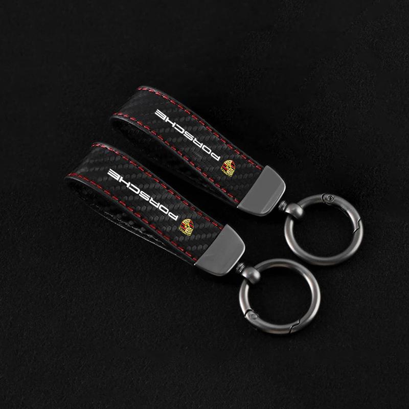 FIMT8 Leather Carbon Fiber Car Keychain Key Pendant Keyring For Porsche 911 718 Taycan Panamera Cayenne Macan Cayman Auto Accessories