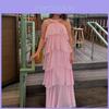 Polyester Floral Embellished Layered Chiffon Dress With Sleeveless Halter Neck For Spring