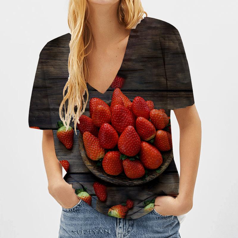 

Модные весенние блузки с клубничным принтом, футболки с V-образным вырезом и короткими рукавами, повседневные M чёрный