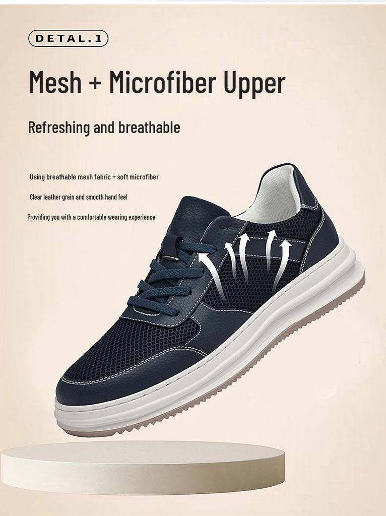 New Men's Breathable Mesh White Sneakers: Thick Sole, Round Toe, Lace-Up, Versatile for Casual and Work Wear