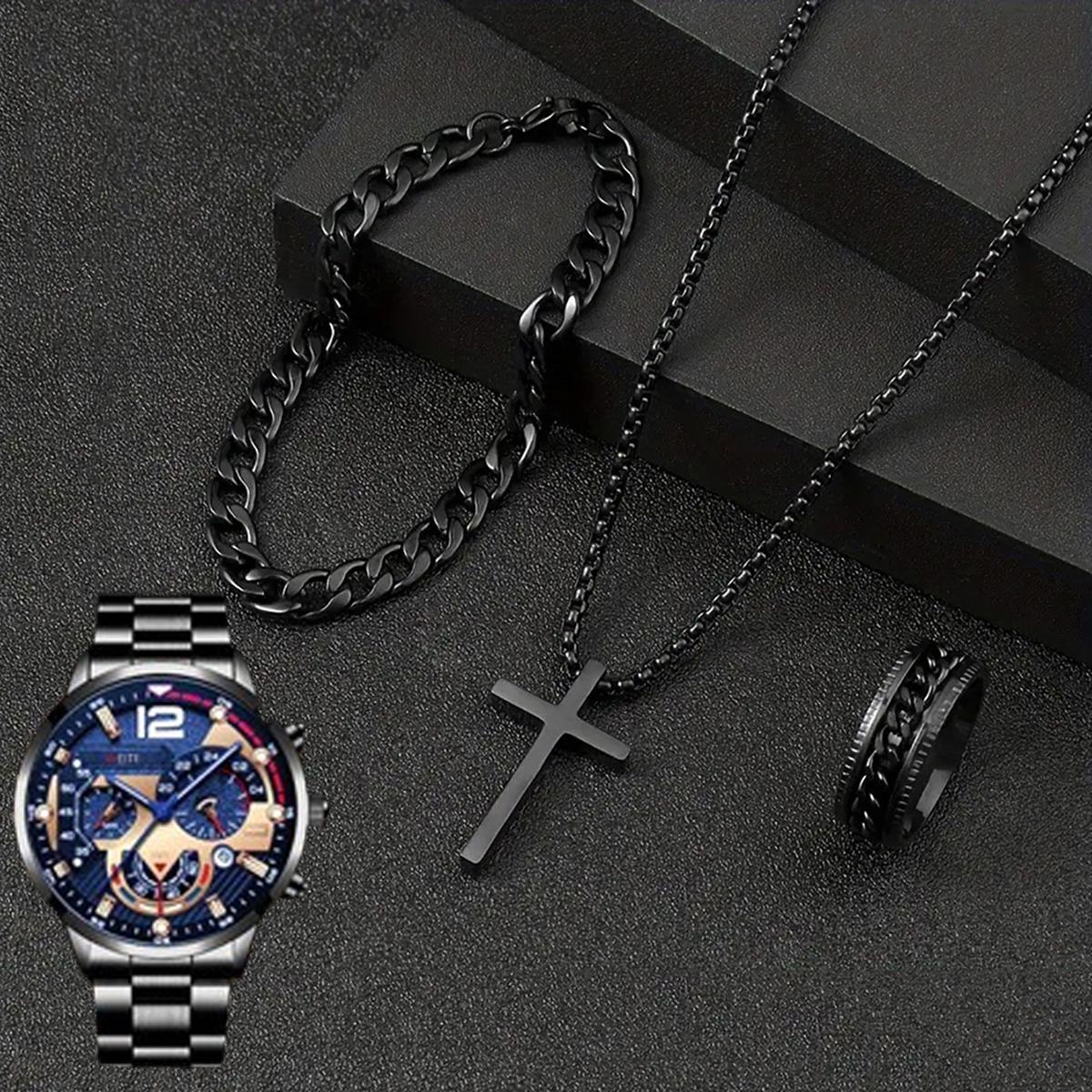 

Men s 4-piece gift combination: quartz watch, matching bracelet, necklace, ring accessories-ideal for men s gifts. чорний
