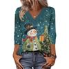 Women's Loose Comfortable Casual Fashion V-Neck Christmas Print 3/4 Sleeve Top