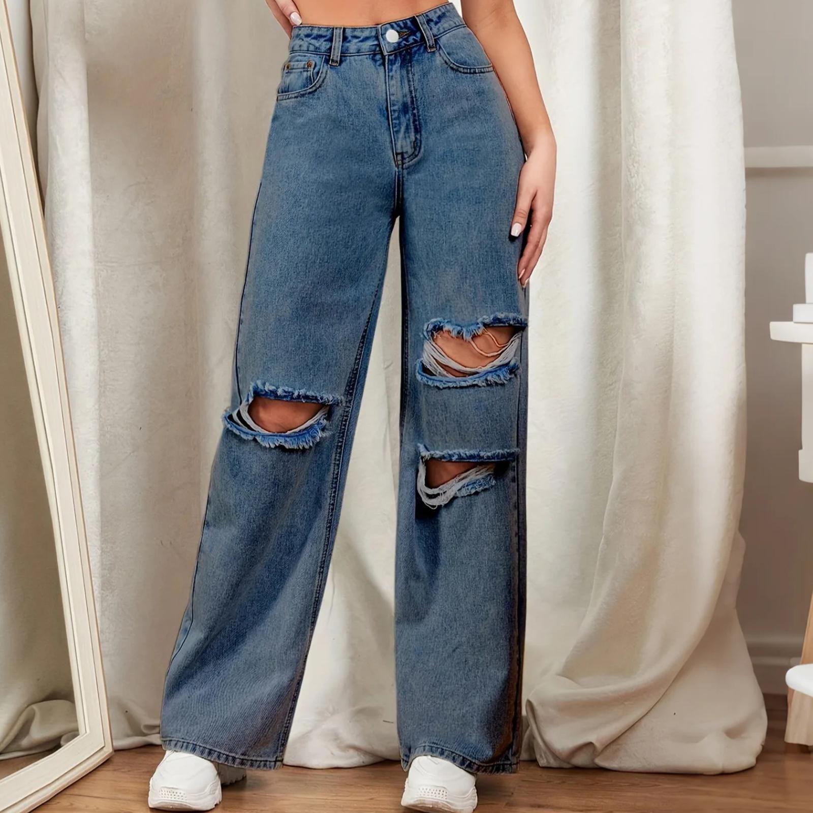 

Women s Trousers Large Size Stretch Jeans Loose Semi-Elastic Pants L синий
