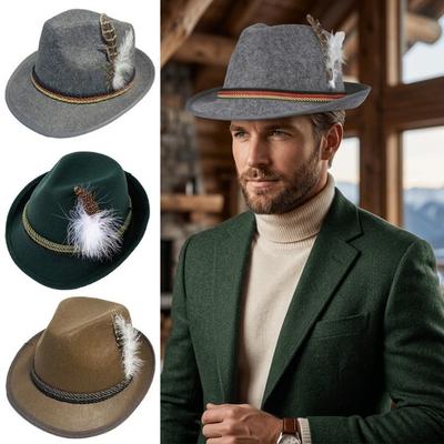 Structured Brim Bavarian Feather Hat Classic Jazz Cap Fashion Accessory Costume Cap  Men Women