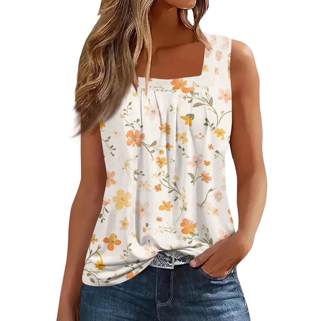 Women's Fashion Casual Pleated Square Collar Sleeveless Vest Print Summer T-shirt